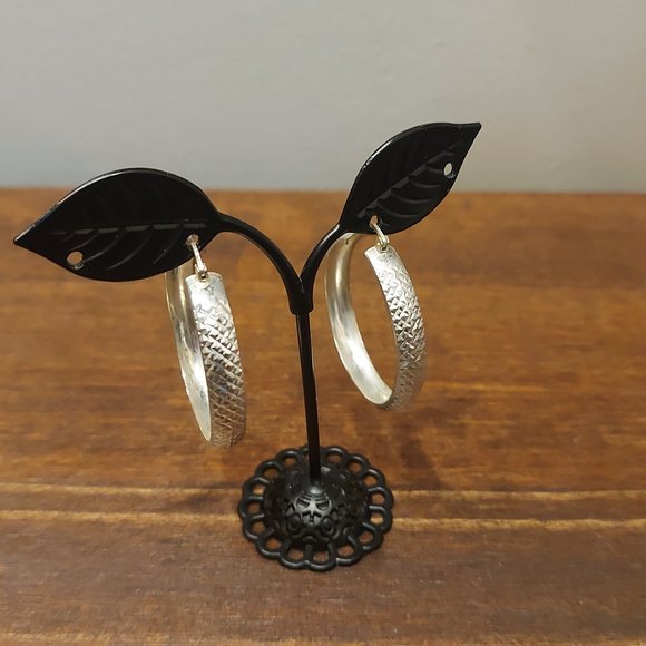 Mexican 925 Silver Checker Plate 3/4 Hoop Earrings - Picture 4 of 7